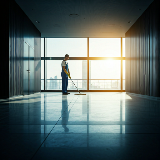 Professionelle Reinigungskraft reinigt die Lobby eines modernen Bürogebäudes mit Marmorboden und Glaswänden im hellen Morgenlicht.