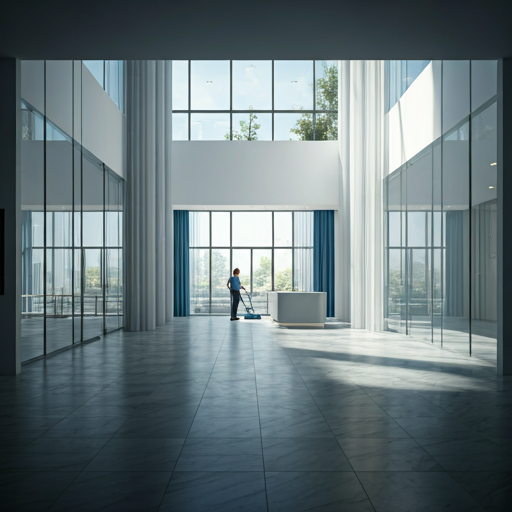 Professionelle Reinigung in einer modernen Bürolobby mit polierten Marmorböden und großen Glaswänden bei hellem Sonnenlicht.