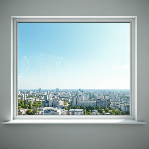 Kristallklares, streifenfrei gereinigtes Bürofenster mit Blick auf eine sonnige Stadtlandschaft.