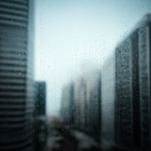 Verschmutztes Bürofenster mit Regenflecken und Staubablagerungen, das den Blick nach draußen trübt.